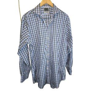 Thomas Dean Button Front Shirt 17L 34-35 17 Long Blue White Plaid